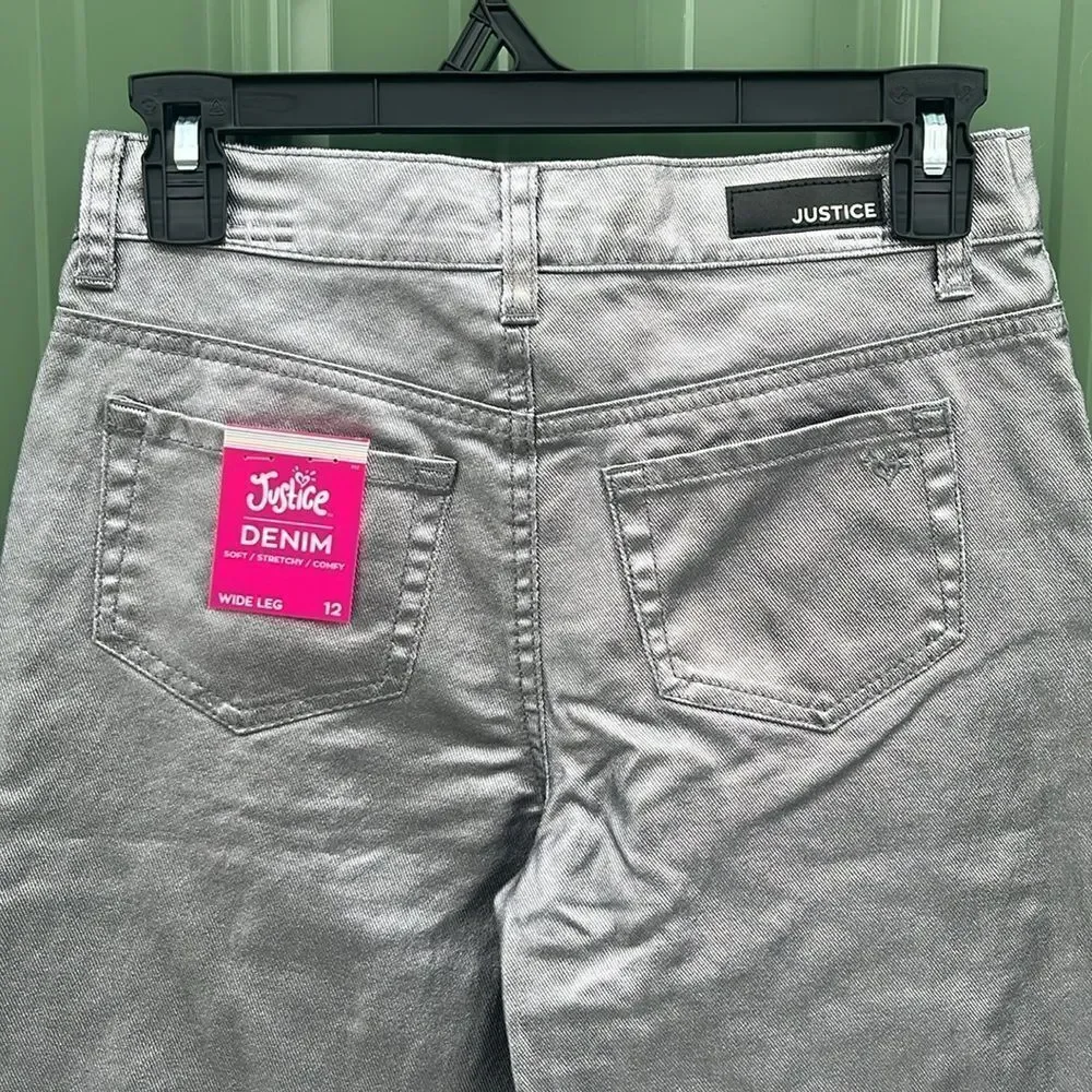 Girls Wide Leg Silver Denim Pleather Pants Size 12